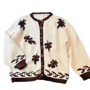 Fall Leaves Cardigan Sweater Womens XL White Brown Orange Autumn Grannycore